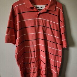 Nautica Striped Polo Shirt Coral Red Short Sleeve Collared Shirt xl